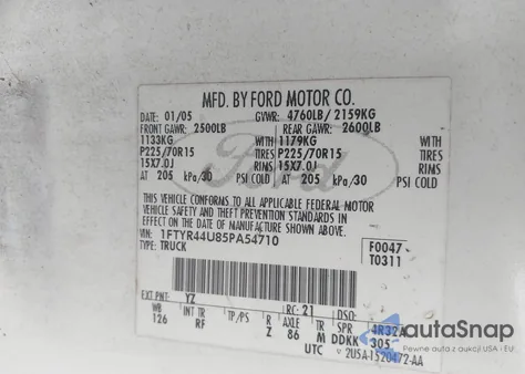 2005 Ford Ranger Edge/Stx/Xlt from USA, damaged, VIN 1FTYR44U85PA54710